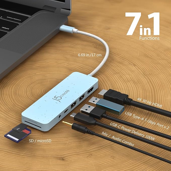 j5create USB-C Pink Multi-Port Hub with Power Delivery with 4K HDMI/2 USB-A 5Gbps/PD 100W Charging SD&Micro SD/3.5mm Audio | for MacBook/iPad Pro/iMac/Surface/XPS/Thinkpad/Galaxy/and More(JCD373ER)