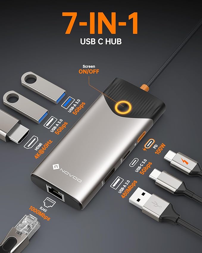 NOVOO USB C Hub Ethernet 4K@60 USB C HDMI Adapter Multiport Type C Adapter, 100W PD, 5Gbps USB-A/C Data Ports Docking Station Compatible for MacBook/iPhone/Dell/HP/Surface