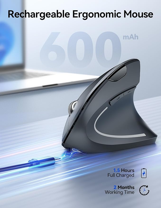 TECKNET Ergonomic Wireless Mouse, Rechargeable Mouse Wireless Silent for Carpal Tunnel Right Hand, 2.4GHz USB Vertical Mouse Wireless for Laptop, 5 Adjustable 4800 DPI, Computer, MacBook, Desktop