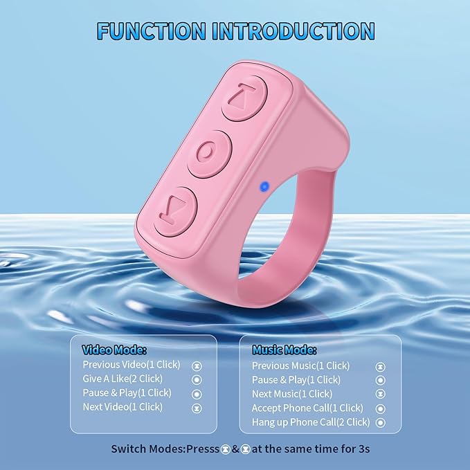 Fingertip Bluetooth Remote Control TIK TOK Wireless Page Turner TYUOBOX Camera Remote Shutter Selfie Button Controller with Charging Case for iPhone Android Ipad Cell Phone (Pink1)