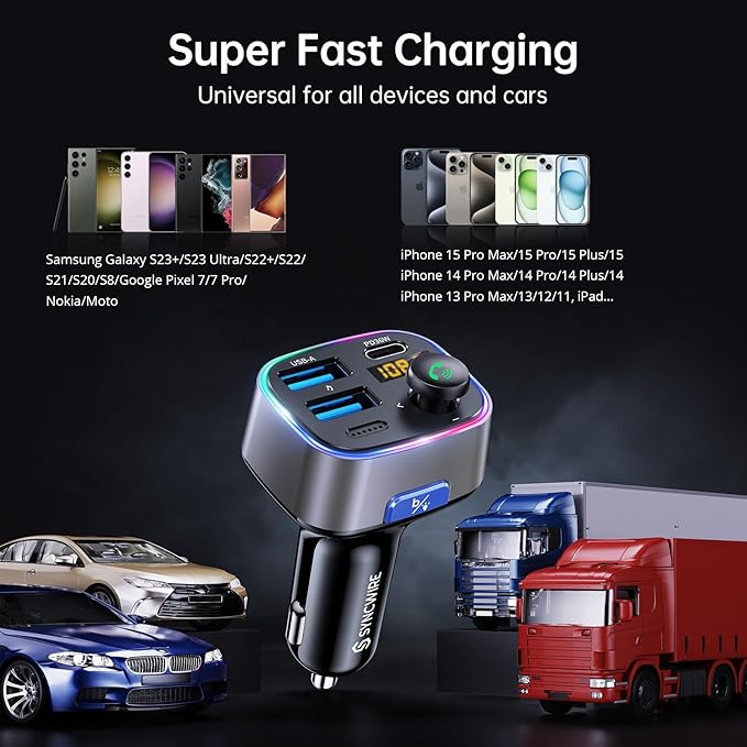 Syncwire Bluetooth 5.4 FM Transmitter Car Adapter 48W (PD 36W & 12W) [Light Switch] [Hi-Fi Deep Bass] [Fast Charge] Wireless Radio Music Adapter LED Display Hands-Free Calling Support USB Drive