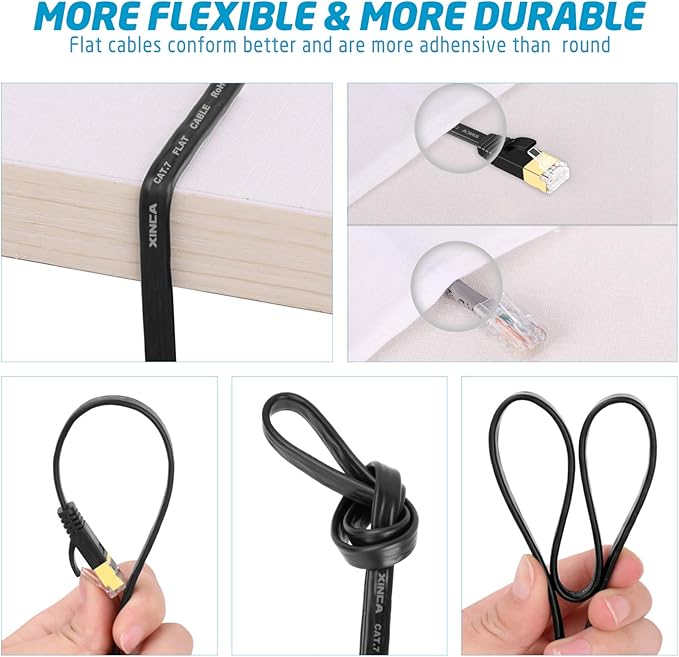 Cat 7 Flat Ethernet Cable 25ft Black, High Speed 10GB Shielded (STP) LAN Internet Network Cable Ethernet Patch Computer Cable with Rj45 Connectors and 10pcs Adhesive Cable Clips