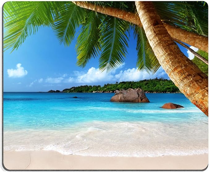 Beach Mouse Pad With Coconut Trees - Gaming Mat, Square Waterproof, Non-Slip Rubber Base for Office, Home, Laptop, Travel - 9.5"x7.9"x0.12" Inch