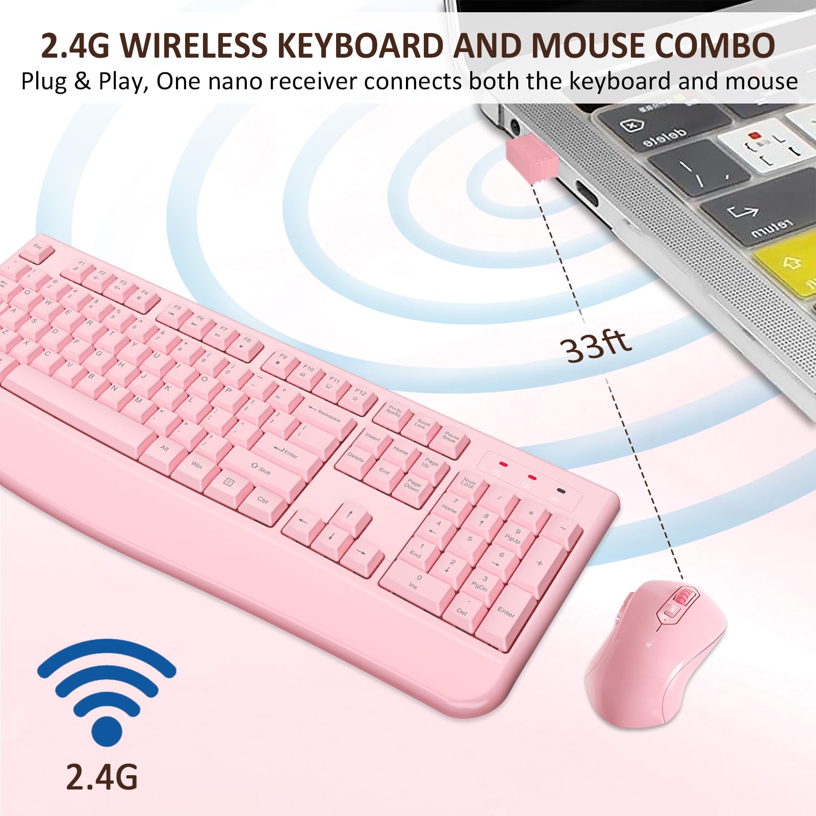 Wireless Keyboard and Mouse Combo, EDJO 2.4G Full-Sized Ergonomic Computer Keyboard with Wrist Rest and 3 Level DPI Adjustable Wireless Mouse for Windows, Mac OS Desktop/Laptop/PC (Pink)