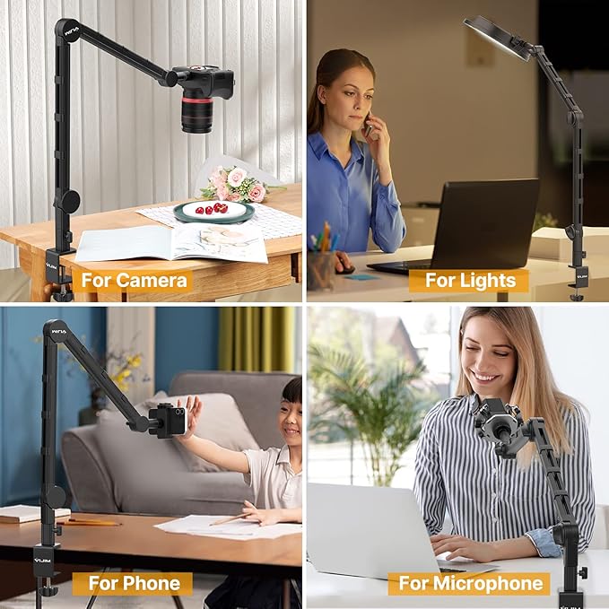 PICTRON VIJIM LS25 Camera Desk Mount, Flexible Overhead Webcam Stand with Boom Arm, Table C-Clamp Suitable for Photography Videography Live Stream