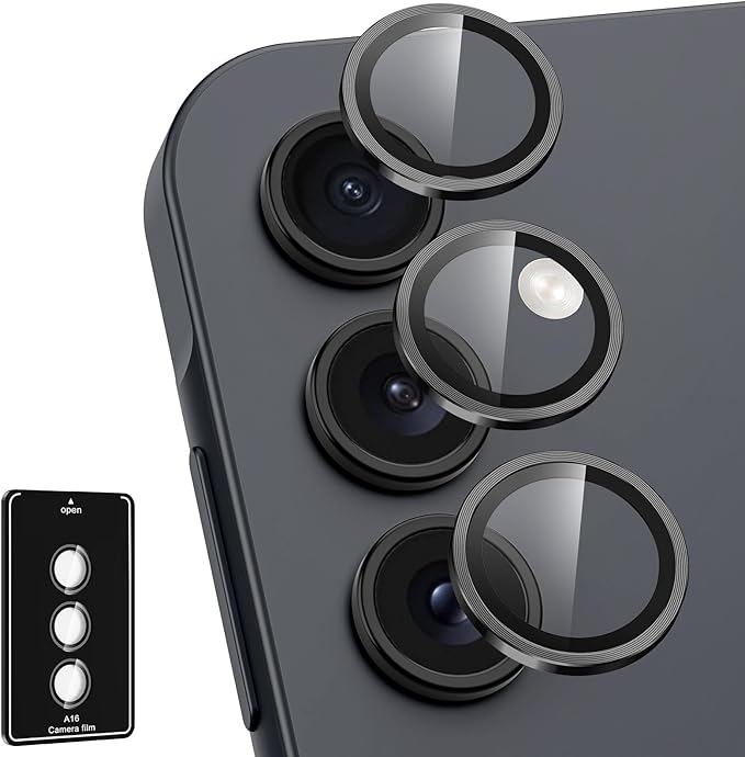 for Samsung Galaxy A16 Camera Lens Protector, Individual Metal Ring Tempered Glass Lens Cover, [Strong Adsorption] Scratch Resistant Ultra-Thin HD Clear Lens Cover, 1 Set-Black