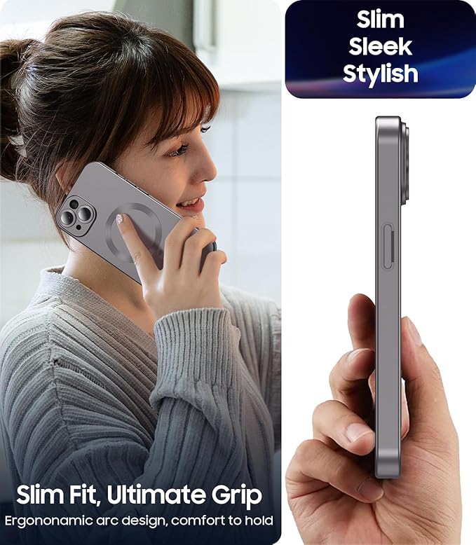 Magnetic for iPhone 13 Case [Compatible with MagSafe][Built-in Camera Lens Protector] Slim Soft Silicone Bumper Shockproof Metallic Luster Phone Case (Gray)