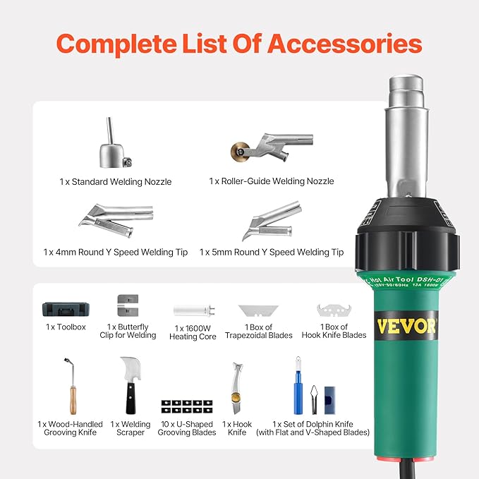 VEVOR Hot Air Plastic Welder, 1600W Hot Air Torch Pistol, 122-1112℉ PVC TPO Vinyl Heat Gun Welding Torch, Plastic Roofing Welding Kit with 14 Accessories- Toolbox, Nozzle, Roller, Blades for PP/PE/PVC