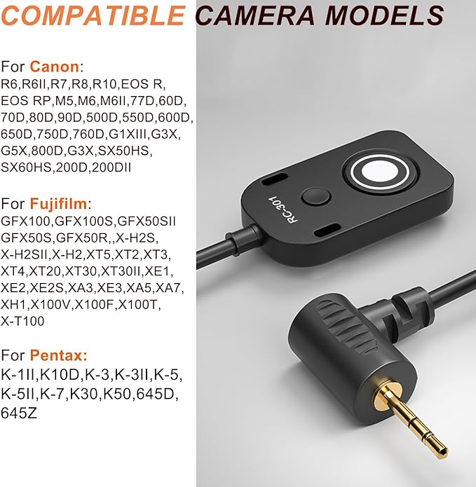 for Canon/Fuji RC301-2.5mm Remote Camera Small Shutter Release Remote Control 196.8 "Extended Cable R50V R100 R6 R8 R10 80D XT2/3/4/5 XH2S GFX100/S GFX50/S/II (RC301-2.5/E3 196.8in/5m)