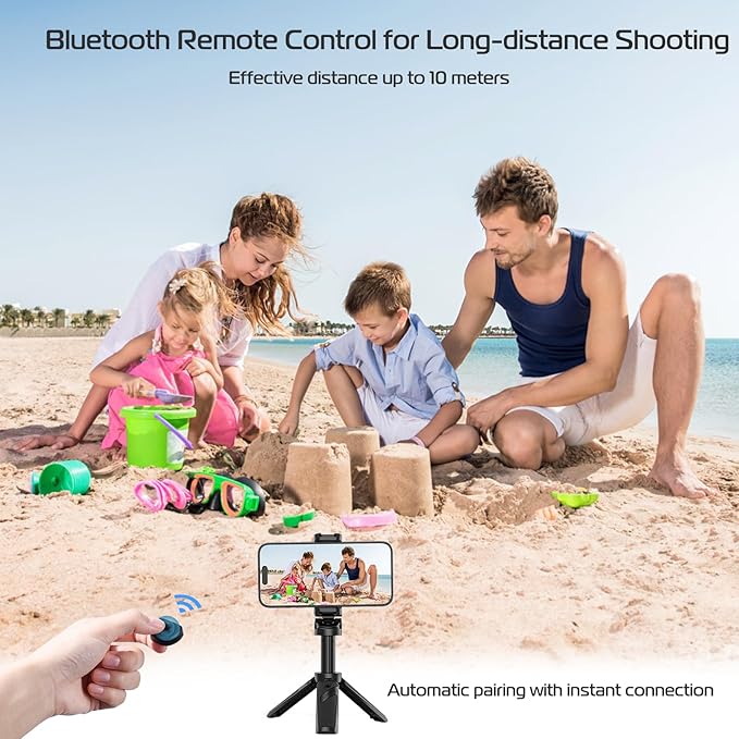 ULANZI JJ02 Selfie Stick Tripod, Extendable Grip Phone Tripod with Detachable Remote Pocket Size, 3-in-1 Mini Phone Grip 2 Cold Shoe, 10m/393.7'' Wireless Shutter, Vlog Livestreaming Photography