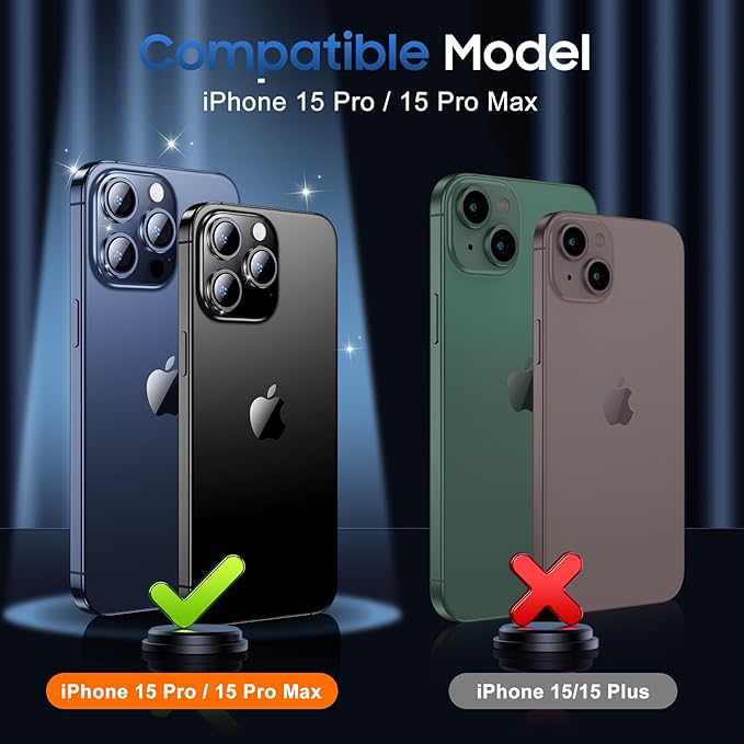 UniqueMe for 3 Pack iPhone 15 Pro/iPhone 15 Pro Max Camera Lens Protector, [Drop Protection] [Case Friendly] 9H+ Tempered Glass Camera Cover Screen [Update New Version] - Glitter Blue
