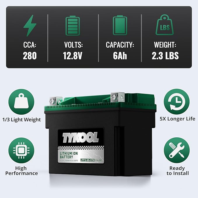 TYKOOL YTX12-BS STD LiFePO4 Lithium Motorcycle Battery,280CCA,2X Cranking Amps,Digital Readout,Compitable for BMW F850GS,Kawasaki Vulcan 900, BRP (Can-AM) DS250 ATV,Piaggio Vespa 300cc Scooter