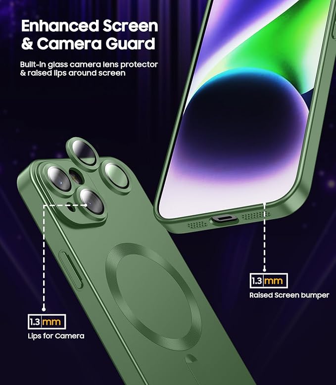 Magnetic for iPhone 15 Case [Compatible with MagSafe][Built-in Camera Lens Protector] Slim Soft Silicone Bumper Shockproof Metallic Shine Phone Case (Green)
