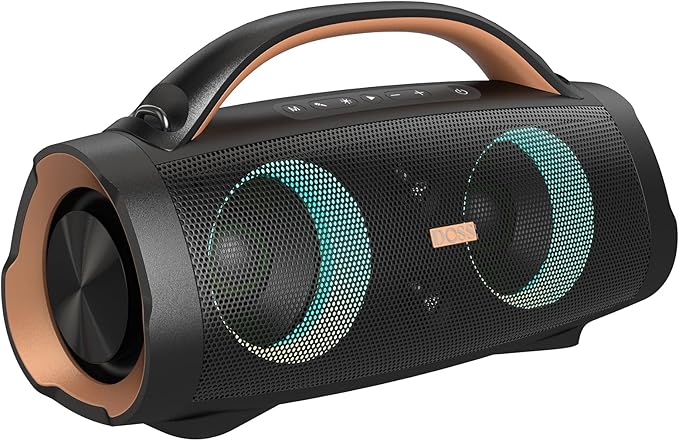DOSS Extreme Boom+ Loud Bluetooth Speaker with 100W Stereo Sound, Extra Bass, 20H Playtime, Party-Sync Led Lights, Built-in Power Bank, IPX6 Waterproof Outdoor Speaker for Camping, Travel-Copper Gold