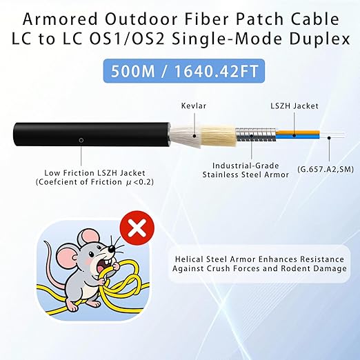 500M/1640FT LC to LC Armored Outdoor Fiber Optic Cable, Single Mode Duplex 9/125μm SMF Fiber Patch Cord, OS1/OS2 Compatible, Black LSZH Jacket, Uniboot Jumper for FTTH, Data Center, Long-Distance Use