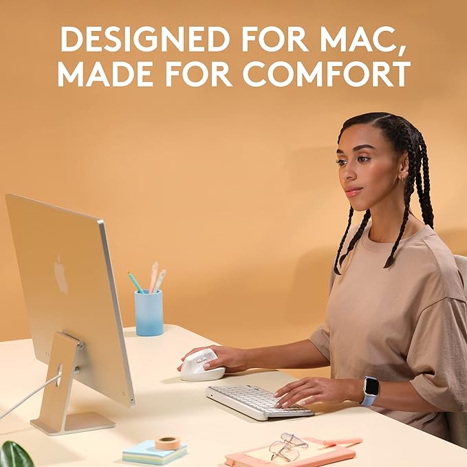 Logitech Lift for Mac Wireless Vertical Ergonomic Mouse, Bluetooth, Quiet Clicks, Silent Smartwheel, 4 Customizable Buttons, for macOS/iPadOS/MacBook Pro/Macbook Air/iMac/iPad - Off White