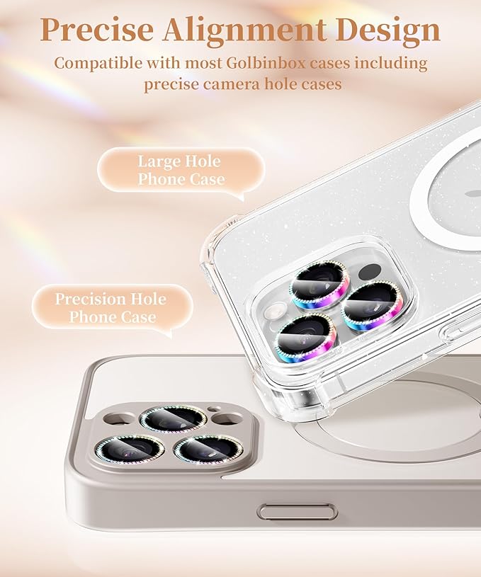 GolbinBox Camera Lens Protector for iPhone 16 Pro Max/16 Pro, 1:1 Invisible Fit, 9H Tempered Glass Ultra HD Metal Individual Camera Cover Screen Protectors for Women, Case Friendly, Bling/Colorful