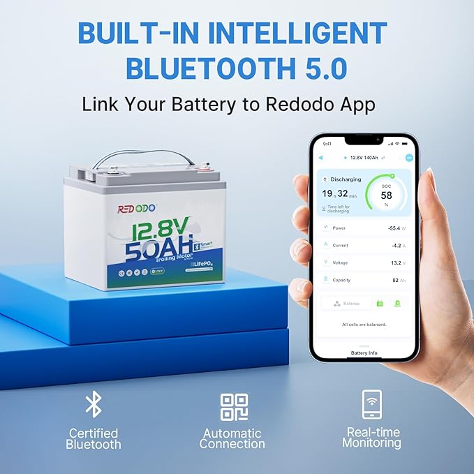 Redodo Smart Bluetooth 12V 50Ah LiFePO4 Lithium Battery for Trolling Motor, Low-Temp Protection, 10 Years Lifetime, Lightweight & Portable Perfect for RV, Solar, Boat Marine and Camping 3 Pack