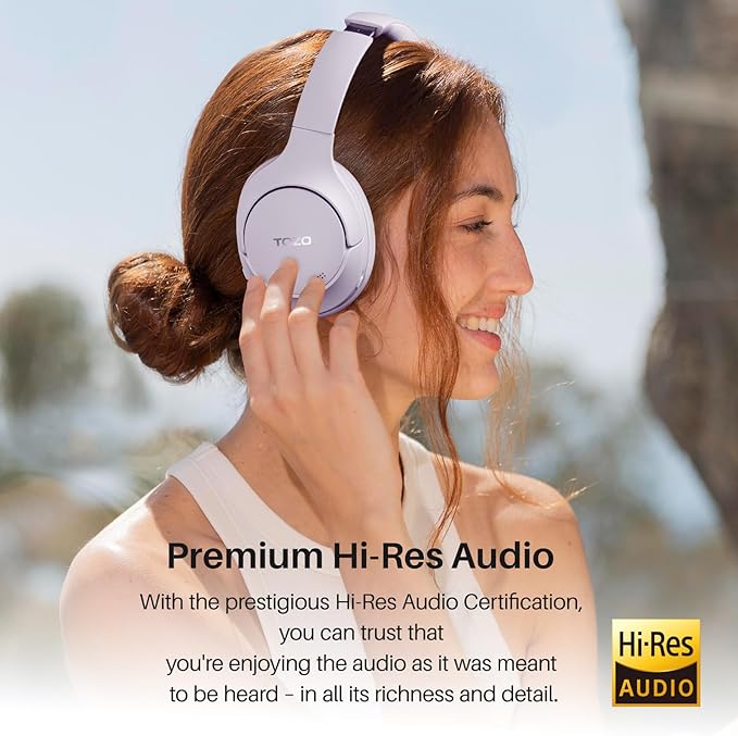 TOZO HT2 Hybrid Active Noise Cancelling Headphones, Wireless Over Ear Bluetooth Headset, 60H Playtime, Hi-Res Audio Custom EQ via App Deep Bass Comfort Fit Ear Cups, for Home Office Travel Purple
