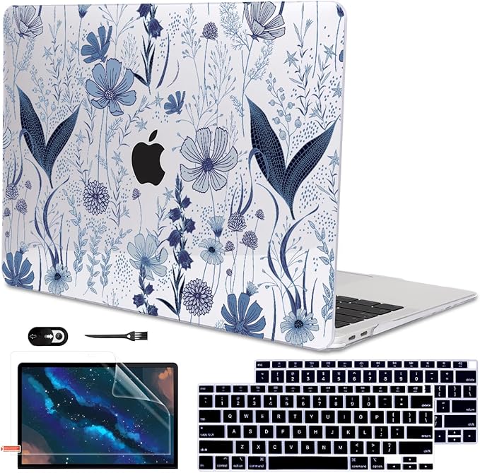 Compatible with 2018 2019 2020 2021 MacBook Air 13 inch Case M1 A2337 A2179 A1932, Clear Printed Pattern Hard Shell Case & Keyboard Cover for Mac Air 13 M1 Touch ID, Navy Blue Wild Flowers