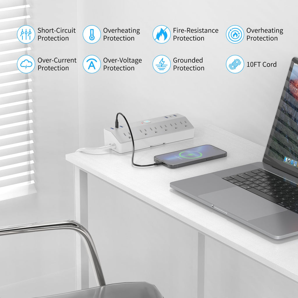 Desk Clamp Power Strip with 40W Fast Charging USB-C, JXGUCAT 10Ft Desk Mount Surge Protector with 6 Outlets 6 USB Ports, Flat Plug Extension Cord Home Office Essentials, Fit 2.48" Tabletop Edge