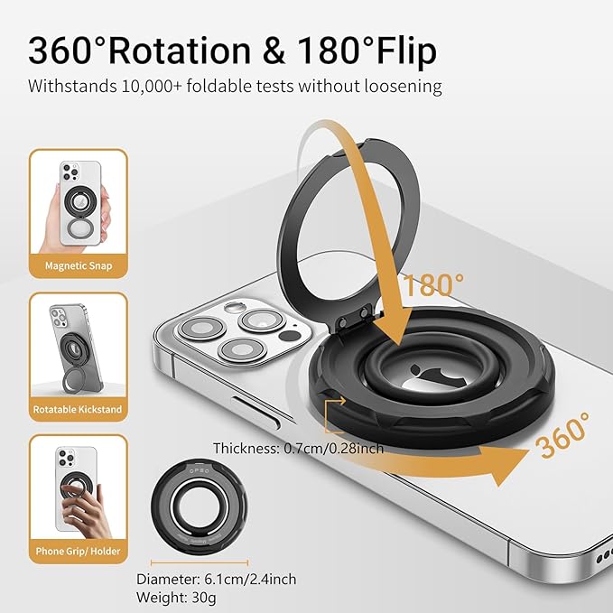 OPSO Magnetic Phone Ring Holder for MagSafe, 360 Degree Rotation Silicone Finger Ring Grip Stand Holder, Adjustable Kickstand, Compatible with iPhone 16 15 14 13 12/Pro/Max, Samsung and All Smartphone