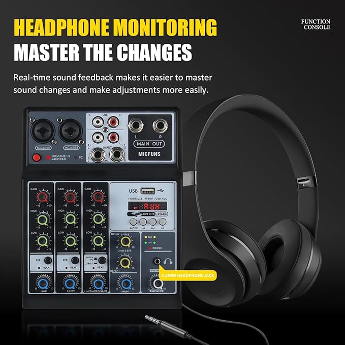 Mini audio audio mixers DJ mixer Sound Board Console System,4 Channel 48V Phantom Power with Bluetooth USB MP3 Stereo live DJ Studio Streaming for professional recording party KTV stage