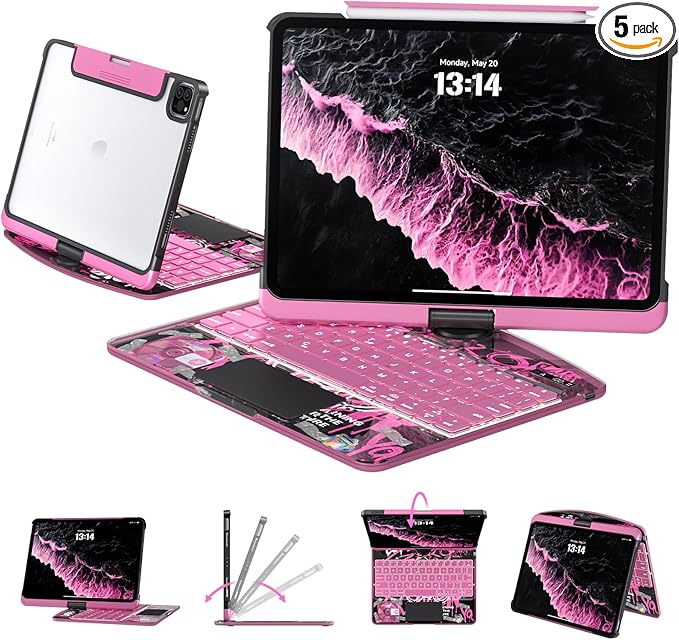 Transparent Case with Keyboard for iPad 11th Gen 11 Inch.(A16, 2025) & 2022 iPad 10th Gen 10.9 Inch,7-Color Backlit,Wireless Keyboard, 360°Rotating,with trackpad,Pencil Holder,with Shortcuts,pink