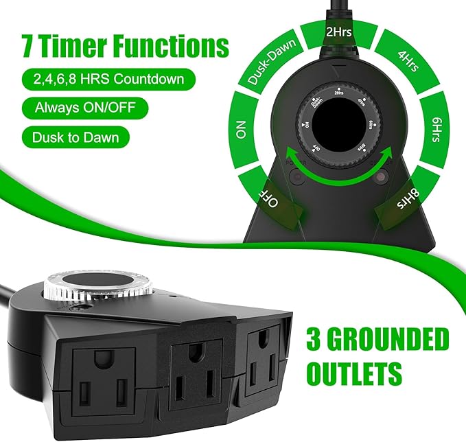 Outdoor Light Timer Waterproof, 24 Hours Plug in Timer with 2, 4, 6 or 8 Hours Countdown Mode, 3 Grounded Dusk to Dawn Electrical Outlet for Outdoor Backyard Garden Patio Lights Christmas Decorations