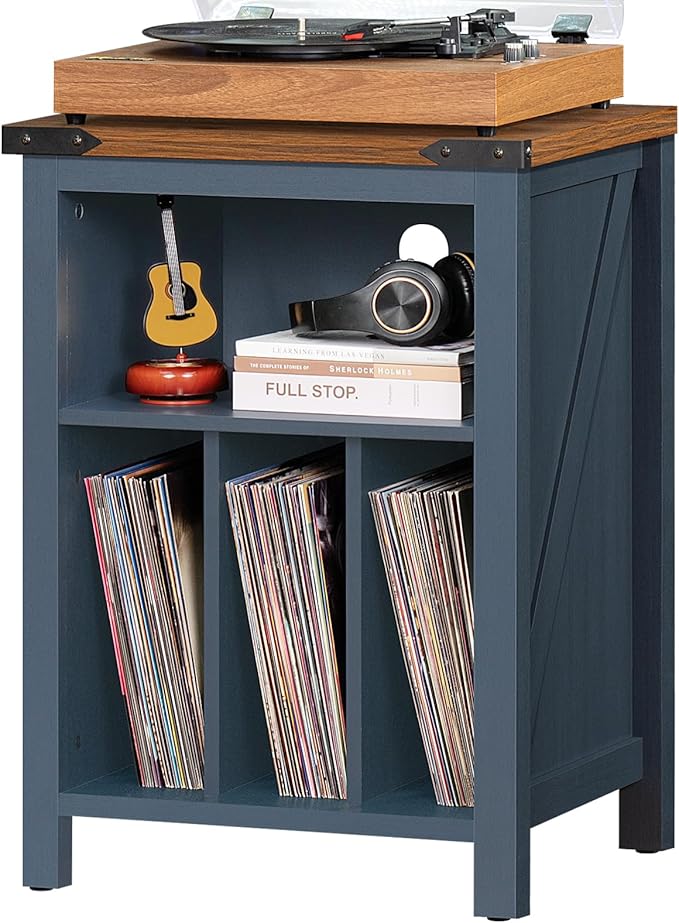 Record Player Stand with Vinyl Record Storage Holds up to 160 Albums,Large Wood Record Player Table，Blue Turntable Stand Cabinet Dispaly Shelf for Living Room,Bedroom,Office