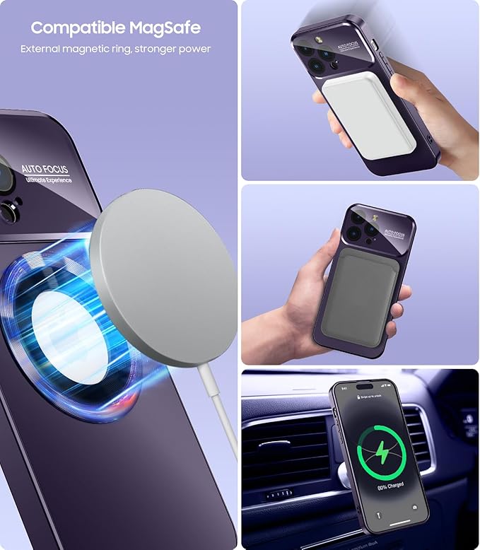 Magnetic for iPhone 16 Pro Max Case, Compatible with MagSafe, Built-in Camera Lens Protector, Logo View, Military Grade Drop Protection Phone Cover, Purple