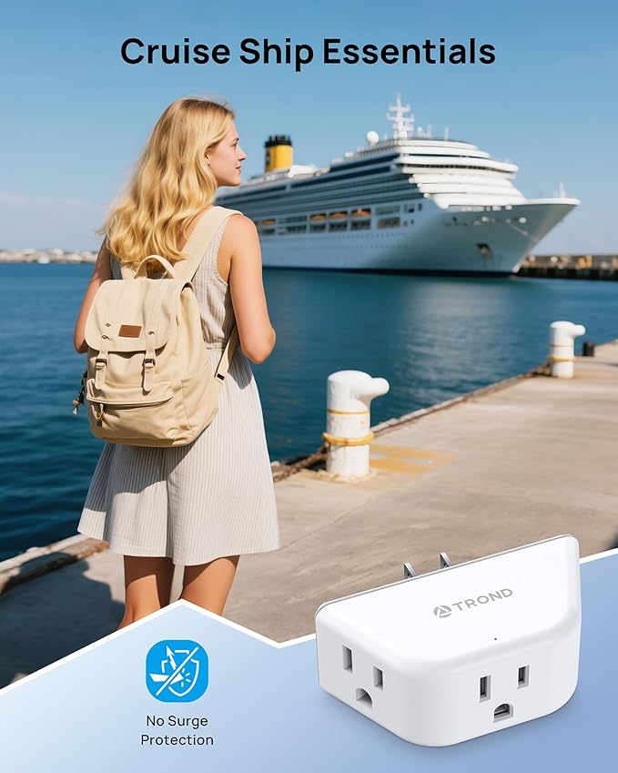 TROND Outlet Extender, 3-Prong Grounded Wall Plug Splitter, 3 Way Angled Outlet Adapter, Cruise Ship Essentials, Plug Expander with 3 Electrical Sockets for Bathroom, Kitchen, White