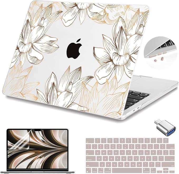 Teryeefi Compatible with M4 MacBook Air 13.6 inch Case 2022-2025 Release M3 A3113 M2 A2681 with Touch ID, Design Hard Shell Case+Keyboard Cover+Screen Protector+Type C Adapter, W-Gold Flower Line