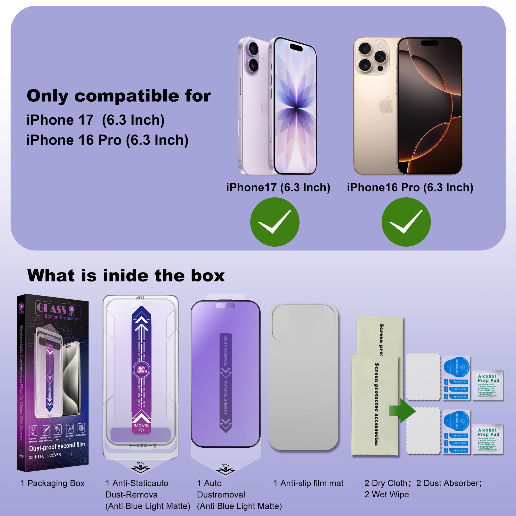 SHANG PIN JIA 2 Pack Anti Blue Light Matte Screen Protector for iPhone 17/16 Pro 6.3-Inch, 9H Tempered Glass Film, Auto Dust Removal, No Bubbles, Easy Installation