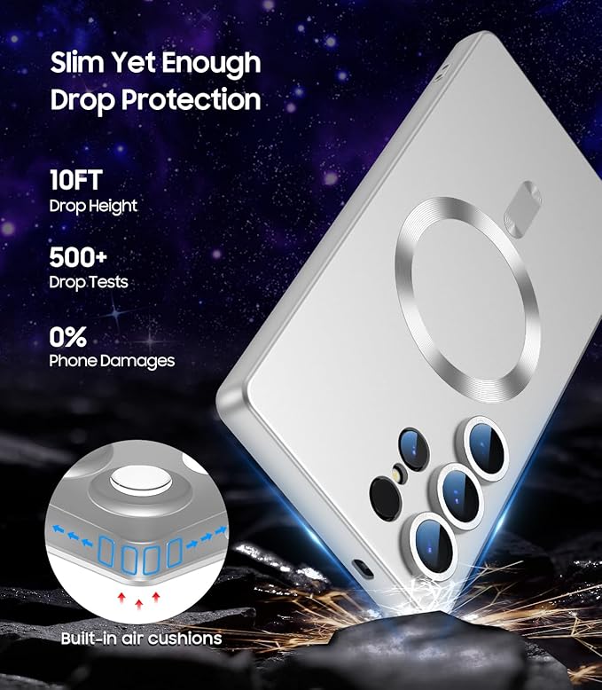 Magnetic for Samsung Galaxy S25 Ultra Case [Compatible with MagSafe][Built-in Camera Lens Protector] Slim Soft Silicone Bumper Shockproof Metallic Luster Phone Shell (Silver)