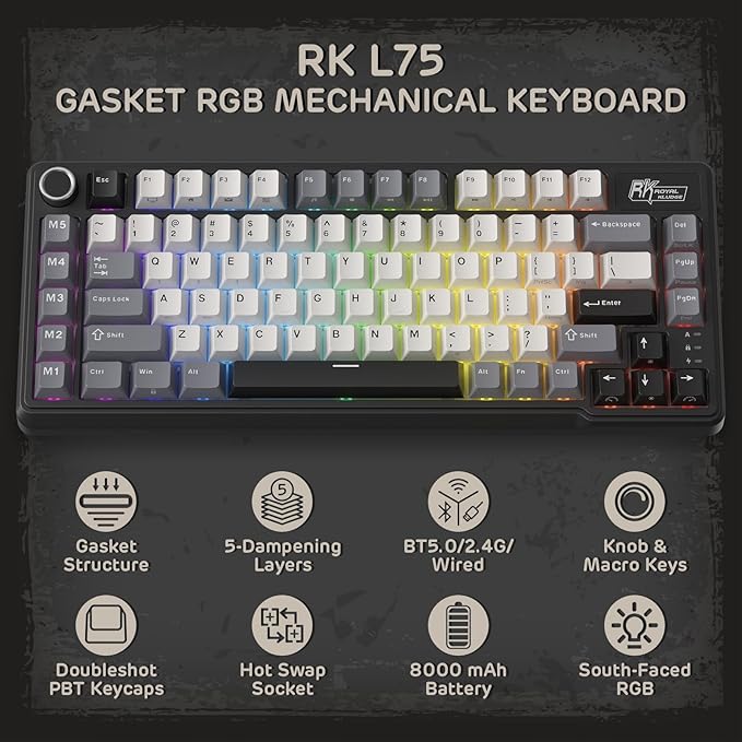 RK ROYAL KLUDGE L75 Gasket Mount Mechanical Keyboard w/Knob/Macro Keys & Touchable Nameplate, Tri-Mode 75% TKL Wireless Keyboard BT/2.4G/USB-C, Hot Swappable, Pro Software, Massive 8000mAh Battery