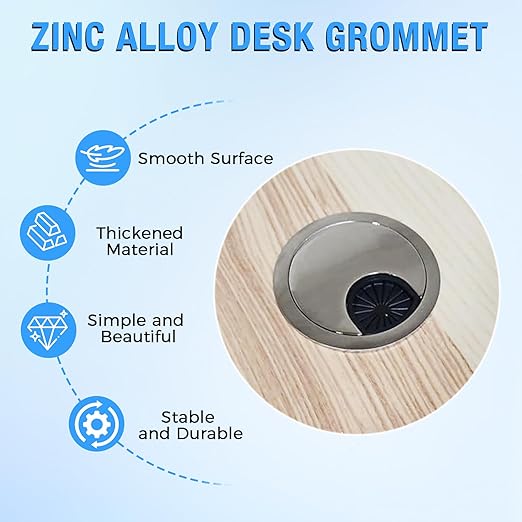 Desk Grommet 2-3/8" (60 mm), Desk Cord Hole Cover, Cable Grommet Metal Zinc Alloy Materilal, Desk Hole Grommet for Office and Home Table Cable, Detachable Cable Cord Organizer (Brushed Silver 1 Pcs)