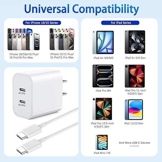 2Pack iPhone 16 15 Chargers,Dual Port Fast Wall Chargers Block with 10FT USB C to C Cable Cord Charger Fast Charging for iPhone 16e/16 Pro Max/16 Pro/16 Plus/15/15 Pro Max/15 Pro/15 Plus/iPad