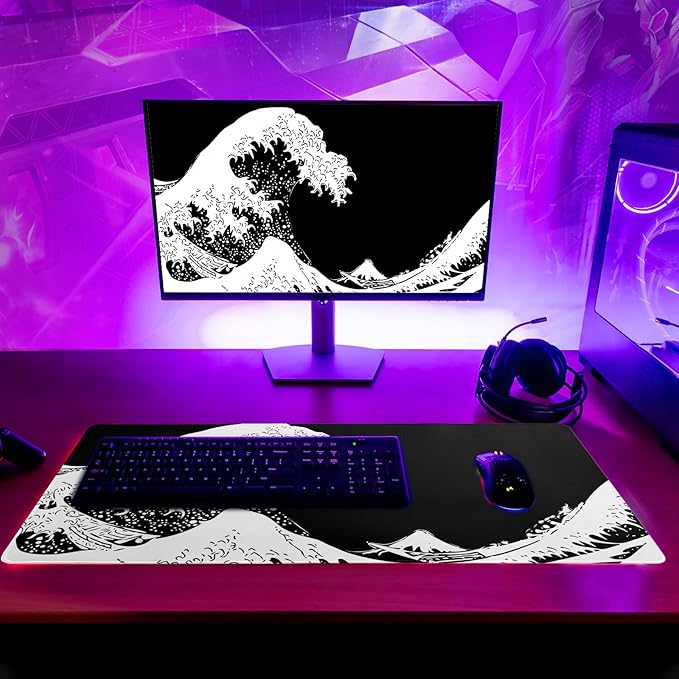 Japanese Sea Wave Large Mouse Pad, Abstract Black Gaming Mousepad, Extended Kanagawa Mat Desk Pad, 3mm Thick Long Non-Slip Rubber Base Mice Pad for Office and Home, 31.5x11.8 Inch