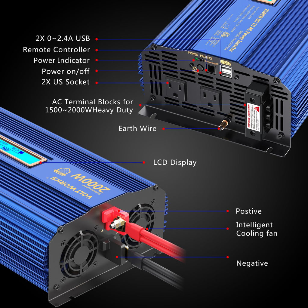 Power Inverter 2000w DC 12V to AC 120V ETL UL458 VOLTWORKS