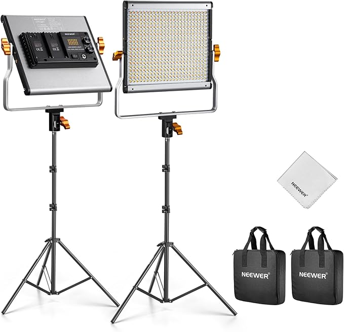 NEEWER 2 Pack Bi Color Dimmable 480 LED Video Light Kit, 28W 3200-5600K CRI96+ LED Panel with U Bracket 75" Tripod Stand Cleaning Cloth Bag, YouTube Recording Studio Photography Streaming Key Lighting