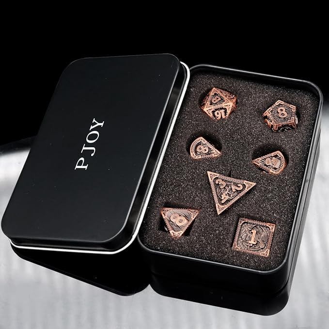 PJOY Metal DND Dice Set D&D Dragon Dice Copper with Metal Case D and D Dice for Dungeons and Dragons TTRPG Gifts