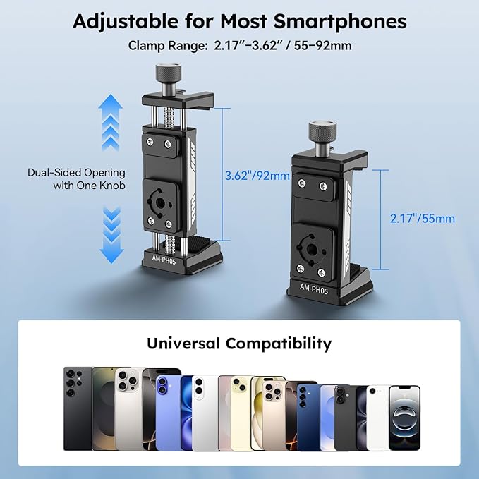 SIRUI Phone Mount for Tripod with Arca Base with 1/4"&3/8" Threaded Holes, Metal Tripod Cell Phone Clamp Holder with 2 Cold Shoes, Smartphone Adapter Compatible with iPhone, Galaxy, Pixel, AM-PH05