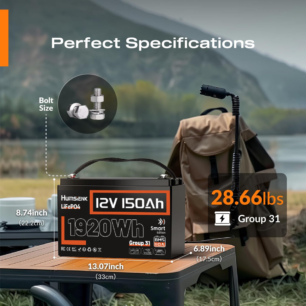 HumsiENK 12V 150Ah LiFePO4 Lithium Battery – BCI Group 31 Deep Cycle Battery with Bluetooth & 110A BMS – 15000+ Cycles for Solar, RV, Marine, Off-Grid – Lightweight & Safe Replacement for Lead Acid