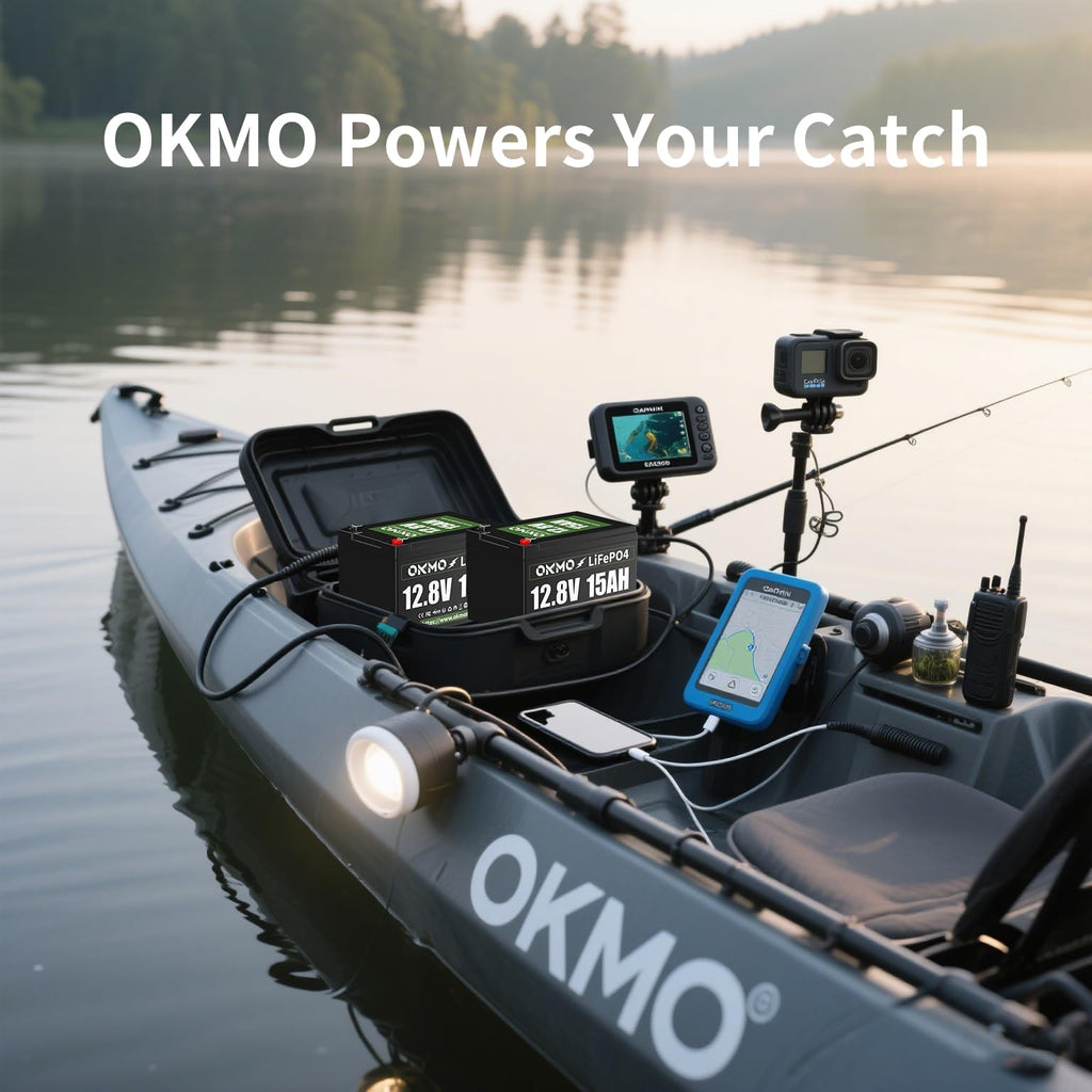 OKMO 12V 15Ah LiFePO4 Lithium Battery 12.8V, 15000+ Deep Cycles rechargeable for Lighting, Kayak Fish Finder, Radio, Backup Power and More