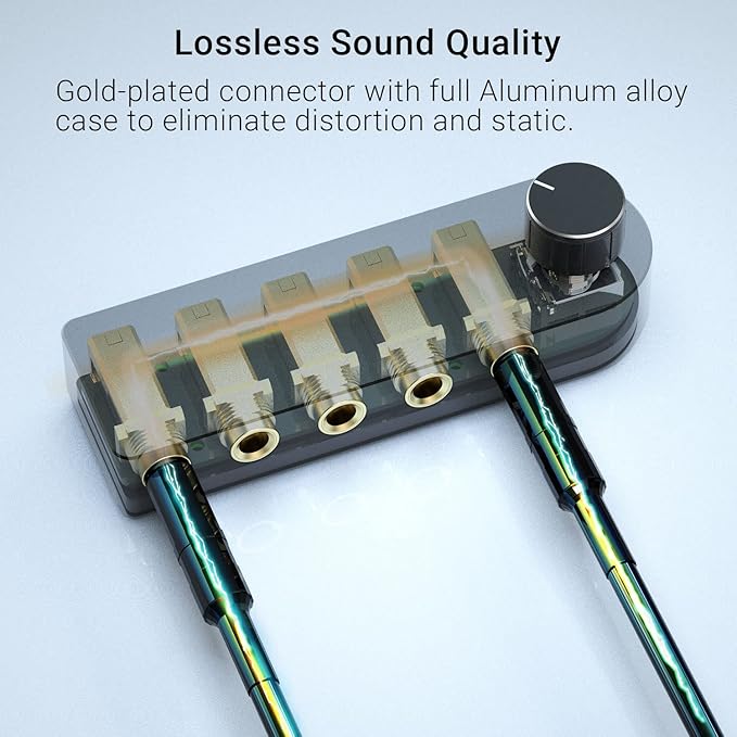 Cubilux Bidirectional 4-Channel 6.35mm Audio Selector, 1x TRS to 4X TRS Stereo 4-Port 1/4” Quarter Inch AUX Switch Box for Speaker, Headphones, Subwoofer, Home Audio System, Mixer, Amplifier