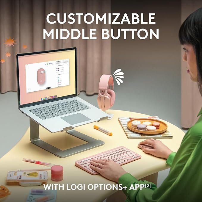 Logitech Pebble Mouse 2 M350s Slim Bluetooth Wireless Mouse, Portable, Lightweight, Customizable Button, Quiet Clicks, Easy-Switch for Windows, macOS, iPadOS, Android, Chrome OS - Tonal Rose