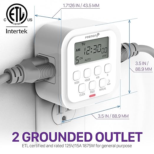 Fosmon 7 Day Digital Timers for Electrical Outlets, Indoor Plug-in Light Timers Switch Programmable, Electric Wall Plug for Lamp, Grow Reptile Lights, Aquarium, 15A/1875W, Grounded