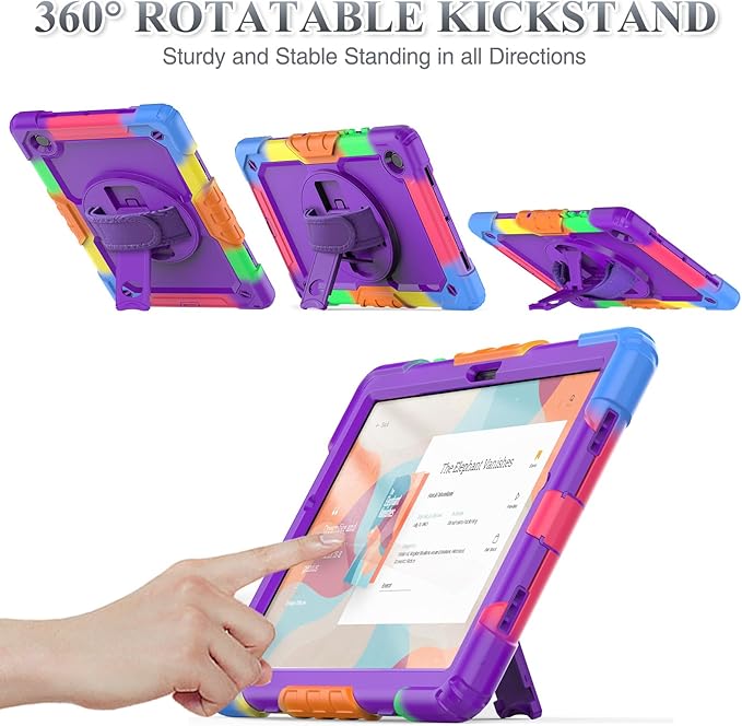 SEYMAC stock Case for Samsung Galaxy Tab A8 10.5'', Full-Body Drop Protection Case with Screen Protector Pencil Holder [360° Rotating Hand Strap] &Stand, Purple+Colorful