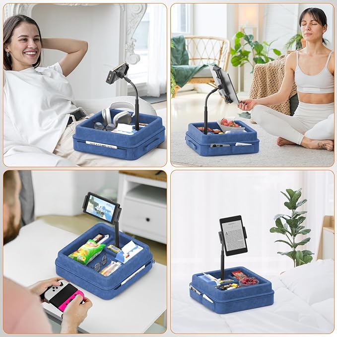 KDD Tablet Pillow Holder - 360°Adjustable iPad Pillow Stand for Lap, Bed and Desk - Gooseneck Tablet Soft Pad Dock with Storage Tray and Pocket Compatible with iPad Pro 12.9, Air Mini, Phone,(Blue)
